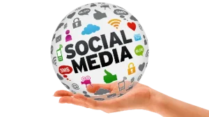 A hand holding a ball with social media written on it and icons for all of the platforms
